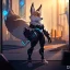 Placeholder: a fox fursona, darker colors, master quality, backlighting, soft lights, full body portrait, in frame, 8k, furry, fur, dark color pallet, robotic arm, cyberpunk, anthropomorphic, perfectly drawn face, well drawn paws