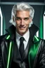 Placeholder: plauge doctor in balck leather coat and suit with silver hair, pale skin and bright green eyes smiling with sharp teeth, nice young face, male, viscious smile