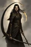 Placeholder: a young elven warrior, with golden eyes, long black braid, dressed in black leather, carrying a gigantic scythe