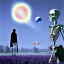 Placeholder: The Grim Reaper and the Skeleton on bubble world, discussing the future of the universe, art by Magritte and Pixar