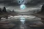 Placeholder: grey sky, planet in the sky, puddle, sci-fi, landscape, mountains, galactic cosmic influence