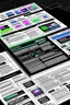 Placeholder: wireframe of a modern marketing agency landing page with navigation, photos and text on paper, colorful, many details, dark ambience, 8k