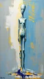 Placeholder: a tough oil brush blue and yellow abstract on rough canvas make a surreal figure of a very tall and thin sculpture, Busch painting style