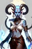 Placeholder: A full body image of this tiefling woman she has fire powers, she is floating she has lots of jewelry and the horns of a ram and also the horns of a gazelle, her outfit is white and her body is covered in tribal tattoos