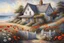 Placeholder: painting depicting a picturesque, richly detailed location, similar to the work of masters such as Josephine Wall or Tomasz Alen Kopera. A cozy, quaint white cottage with a gray shingled roof nestled among sandy dunes. A wooden fence encloses a charming garden blooming with colorful flowers like red poppies and white daisies in front of the house. The property features two gable-fronted dormers with windows, complementing white-framed windows adorned with lace curtains, and a sky-blue front door