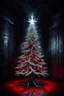 Placeholder: a beautiful illuminated silver and white light Christmas tree stands in a dark room, dark shadows rise from the floor and demonic red eyes glow behind the tree in the dark, scary atmosphere, little glimmering light, dark, deep colors, small details, surreal, thriller, masterpiace