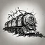 Placeholder: post-apocalyptic broken train vector icon in white color over the back background, stylized