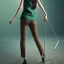 Placeholder: Woman with crutch, back, black trousers, green shirt, render background, brown hair