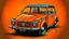 Placeholder: T-shirt graphic design art, a modern graphic design, orange Volkswagen thing Type 181/182 , London street, soft four-color color, vintage gray tone, highly detailed cleaning, vector image, realistic masterpiece, professional photography, realistic car, simple background car sunrise, flat transparent background, isometric, vibrant vector