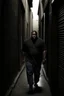 Placeholder: Tall big fat black man really far away running down a dark alleyway