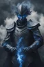 Placeholder: blue smoke in a shape of humanoid of colour of a storm wearing a scalemail armor