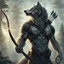 Placeholder: an anthropomorphic wolf man in just full furry wolf body hair and wearing just a dark belt around his chest holds a bow in his paw, quiver with arrows on his shoulder and looking warlike the horizont, blur background with giant alien trees, rainy day, detailed, high textures, realistic, cinematic, sci-fi, fantasy mood