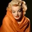 Placeholder: A photograph of cute marilyn monroe, messy hair, melancholy, eyes closed, no make up, in the style of milton greene, pale orange silk scarf around her shoulders, soft bacground
