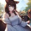 Placeholder: Clear focus, High resolution, Long fluffy brown hair, blue eyes, wearing a white skirt, detailed outfit, wearing a jacket oversized off shoulder, rough line, hair above ears, dog ears, off shoulder white shirt, chopped bangs, parted hair, medium locks straight