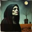 Placeholder: scrapbook, ungrateful caustic lady in mourning, supernatural, surreal, double exposure, tilted, stylish matte oil painting, geometric shapes