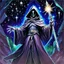 Placeholder: hooded sage with galaxy stars instead of face holding metal sceptre in crystal castle 90's tcg art