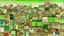 Placeholder: An outdoor eye level view of an abstract painting showing a large group of homes that are all different shades of green, from the bottom up to the top. There is white text on the houses that is colored brown, there are also variations in colors that make up the houses. The house on the left is made up of larger rectangular tiles that have trimmed edges and gray sand. Surrounding the house on all sides are taller green trees that extend upwards and outwards and towards the top left corner. On top