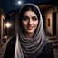 Placeholder: Hyper Realistic Photographic-View Of a Beautiful Young Happy Pashto Woman With Beautiful Eyes, Nose, Pink-Lips & beautiful-Black-hair wearing black-dress & covering herself with white shawl & happily-waiting outside her vintage house carrying-a-Diya with moonlight-rays-on-her-face at dark night showing dramatic & cinematic ambiance.