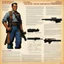 Placeholder: character concept sheet with AD&D statistics and characteristics, [high res photo by Norman Rockwell for Beyond the Supernatural] the jump with one gun in each hand iconic scene by John Woo (A Better Tomorrow, The Killer, Hard-Boiled)