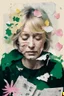 Placeholder: on old yellow, torn paper, gouache, double exposure, portrait of a woman, blonde with bangs, closed eyes, 45 years old, blots, splashes, newspaper scraps, chamomile flowers, pink petals, green leaves, branches, 8K