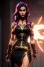 Placeholder: j.scott campbell, serena from mortal kombat, full head to toe portrait, lathe build, wearing black and red mini skirt, thigh high boots and crop top, big green eyes, eyes are both in proportion, 3/4 look, full pouty lips, long black hair with small red streak, small up turned nose, large perky breasts, small waist, round butt, standing, dark cobblestone alley, one halo white light behind head, non photorealistic rendering