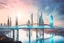 Placeholder: Dreamlike Skyline of Downtown futuristic hightech city in 4050 and a stunning futuristic Bridge During with dark clouds and storm, over the azur-silver color river, cold colors, come storm, high detalied, sci-fi, landscape