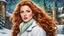 Placeholder: acrylic illustration, acrylic paint, oily sketch, cartoon, fairytale style winter, ([Brittany Robertson | Rachelle Lefevre] in white coat), ginger hair, green eyes, snowstorm, (castle) background, art by Todd Schorr