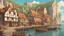 Placeholder: gothic medieval village at foot of cliffs, wooden harbour, shops, inn, taverns, houses, people, trees