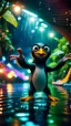 Placeholder: selfie by pimp rocker alien penguin gremlin diving in water slide in the middle of crazy dance moves dancing in dark lit reflective wet jungle hall tunnel,bokeh like f/0.8, tilt-shift lens 8k, high detail, smooth render, down-light, unreal engine, prize winning