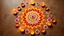 Placeholder: Top Front Center View of A Beautiful Traditional Rajasthani Colorful Rangoli (Using Colors Orange Yellow Pink Red Golden) Surrounded By Lots Of Diya On A Rustic Earthy Floor.