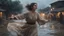 Placeholder: Hyper Realistic close-up-view of Beautiful-Happy-Pashto-Woman whirling across the streets of her village riverside at heavy-rainy-night with dramatic-&-cinematic-ambiance