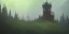 Placeholder: Ruined overgrown small castle tower in a dense coniferous forest, night, misty, atmospheric