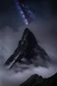 Placeholder: looking up at one single mountain sharp face rises out of the misty foreground into the night sky background.