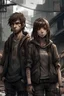 Placeholder: Pair of twins in a post apocalyptic city, one male and one female with a fringe in a semi realistic semi anime style