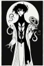 Placeholder: black haired young man necromancer wizard with gothic jewelry and tentacle fingers in the style of Aubrey Beardsley