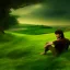 Placeholder: Landscape, the shire, fantasy, green, Brown, warm, a man sitten by the shore