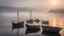 Placeholder: Fishermen’s boats anchored around a Scottish harbour near a fishing village, fishermen putting fishing nets on their boats, mist covering the distance, the moment the sun rises, beautiful romantic photograph, excellent composition, atmospheric, realistic