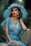 Placeholder: full body beautiful girl, elegant blue lace clothes of the 80s, luxury style, small elegant hat with feather, hair of the 80s, pearl necklace, earrings masterful, beautiful face