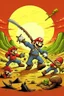 Placeholder: Super mario fighting zombies with a sword in the desert.