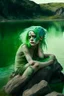 Placeholder: woman sitting on a rock, in a lake, green mottled skin, green hair