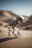 Placeholder: photo of an extremely cute large alien animal with a bone plated carapace articulated at the back of the animal, walking across the dunes of a desert, nature, no text, blur