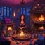 Placeholder: A cozy psychedelic style living room scene from middle age featuring a fireplace illuminating a table filled with worms and rats next to Zoë Bleu Sidel as a ghoul-queen in Agent Provocateur surrounded by piles of gifts