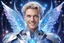 Placeholder: cosmic bionic beautiful men, smiling, with light blue eyes and long with platinum suite and crystal wings, in a magic extraterrestrial landscape with coloured fairy forest stars and bright beam
