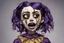 Placeholder: full color, illustration of a darkpurple and gold tones, menacing, Singer Melanie Martinez face, as a decayed, broken, crude homemade cloth doll toy, with a narrow cracked porcelain face, thick dark eyebrows, hair in two gradually, made from ragged strips of cloth, in the style of Alex Pardee, Tim Burton, and Nadya Sheremet