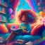 Placeholder: A beautiful girl with curly hair is sitting on the sofa in her room and her beautiful and colorful dreams are flying around the room. A room full of joy and passion and color, digital art, anime, 4k, full details, high resolution