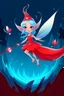 Placeholder: fantasy cartoon style illustration: mischievous ice fairy flying in the air with red magical wand