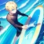 Placeholder: anime blonde boy on a surfboard on the waves