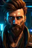 Placeholder: Cyberpunk masculine male with brown side parted 90s hair, brown beard and blue eyes
