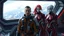 Placeholder: Photorealistic picture of a man in a flight suit with two tall, slender female androids in biosuits, one with red hair and one with white hair, standing on the bridge of a spaceship.