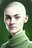 Placeholder: full color portrait drawing, portrait, 22-year old friendly female human cleric, shaved head, light eyebrows, grey eyes, wearing white (10%) and dark green (80%)